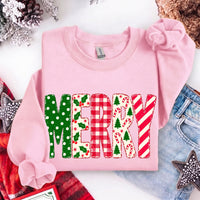 May include a Merry Crewneck Christmas Sweatshirt featuring a festive holiday statement design, classic pullover style, and seasonal apparel for Christmas parties, family gatherings, winter outfits, and holiday gifting.