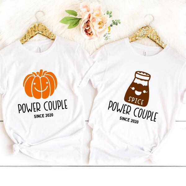 May include a fall-themed couple's design featuring a pumpkin graphic paired with a spice jar, personalized names, and a warm autumn color palette.