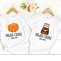 May include a fall-themed couple's design featuring a pumpkin graphic paired with a spice jar, personalized names, and a warm autumn color palette.