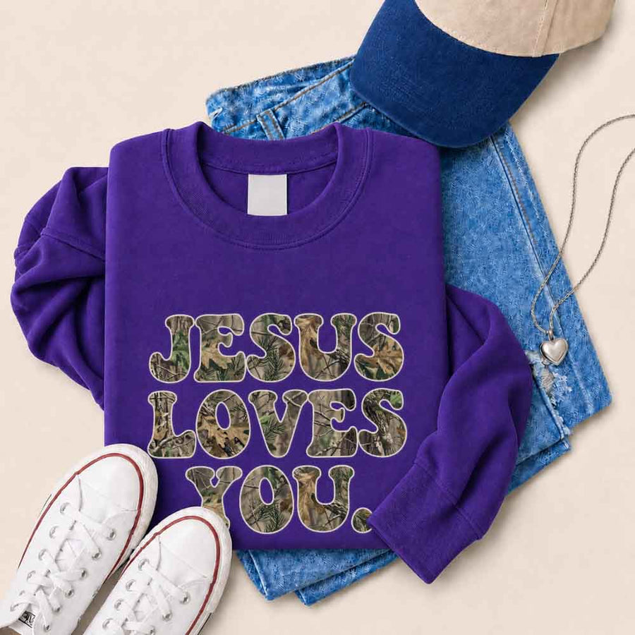 Jesus Loves You Camouflage Sweatshirt - Religious Message Sweatshirt