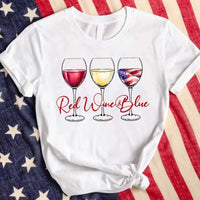 May include a festive 4th of July graphic t-shirt featuring the phrase “Red Wine and Blue” with patriotic colors.