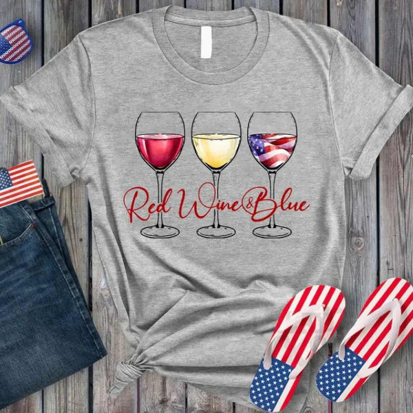May include a festive 4th of July graphic t-shirt featuring the phrase “Red Wine and Blue” with patriotic colors.