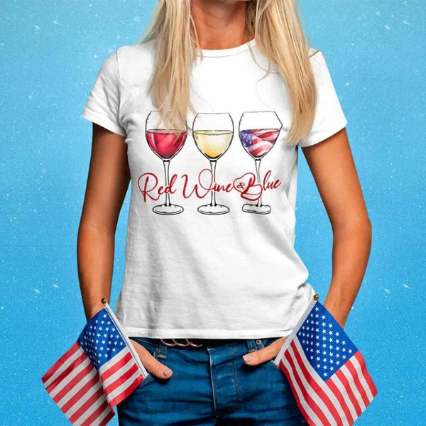 May include a festive 4th of July graphic t-shirt featuring the phrase “Red Wine and Blue” with patriotic colors.