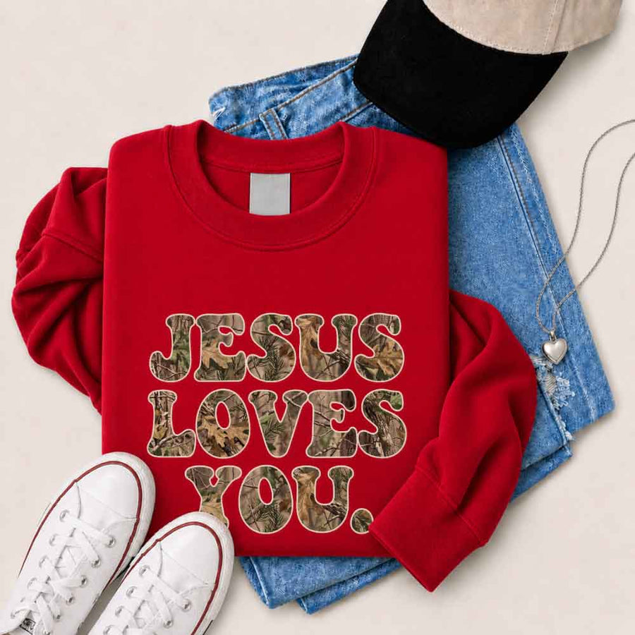 Jesus Loves You Camouflage Sweatshirt - Religious Message Sweatshirt
