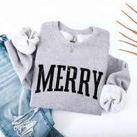 May include a women’s retro-style Christmas sweatshirt featuring a vintage “Merry ” print in festive colors on a soft crewneck pullover.