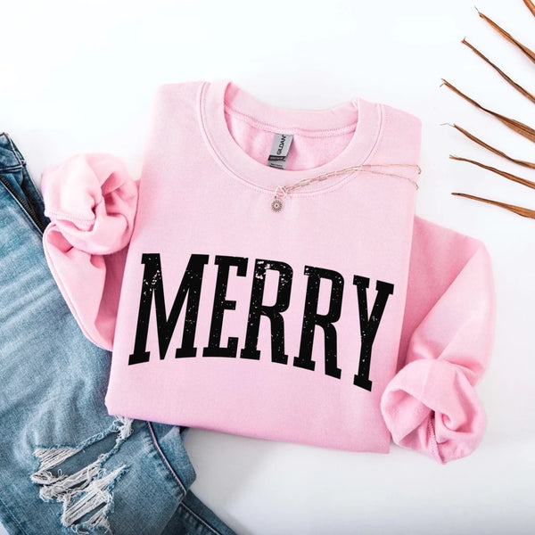 May include a women’s retro-style Christmas sweatshirt featuring a vintage “Merry ” print in festive colors on a soft crewneck pullover.