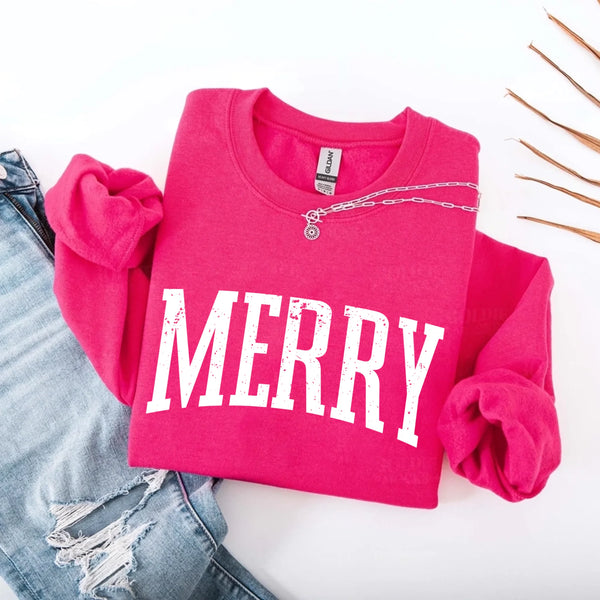 May include a women’s retro-style Christmas sweatshirt featuring a vintage “Merry ” print in festive colors on a soft crewneck pullover.