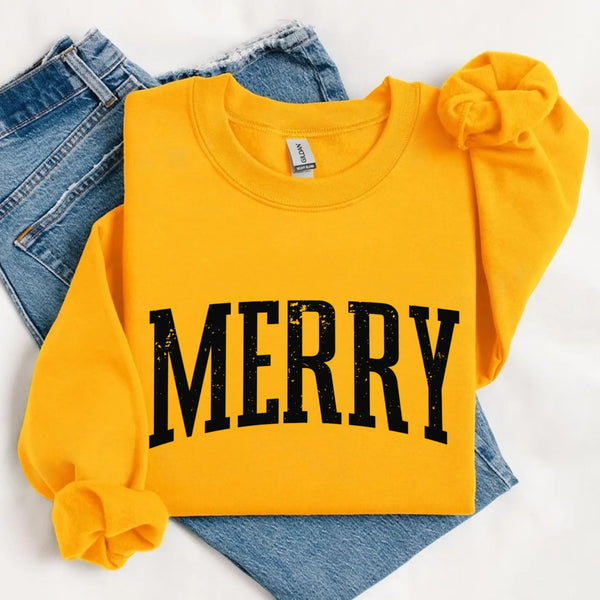 May include a women’s retro-style Christmas sweatshirt featuring a vintage “Merry ” print in festive colors on a soft crewneck pullover.