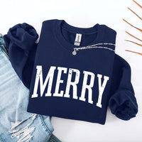 May include a women’s retro-style Christmas sweatshirt featuring a vintage “Merry ” print in festive colors on a soft crewneck pullover.