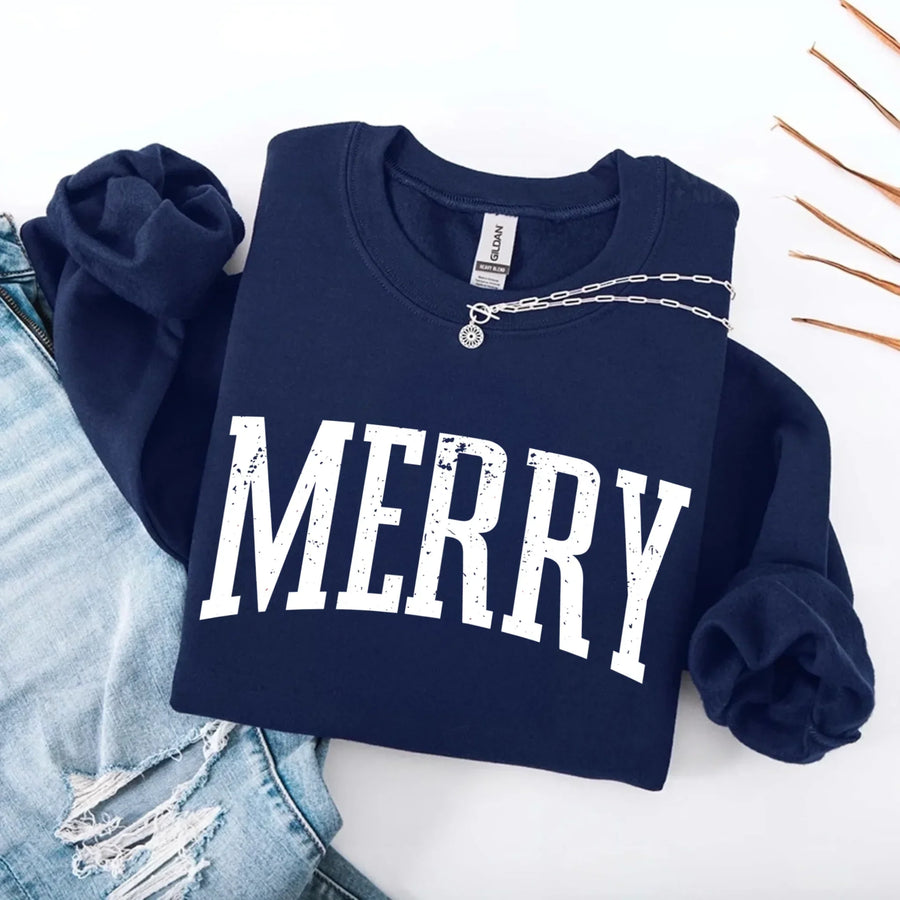 May include a women’s retro-style Christmas sweatshirt featuring a vintage “Merry ” print in festive colors on a soft crewneck pullover.