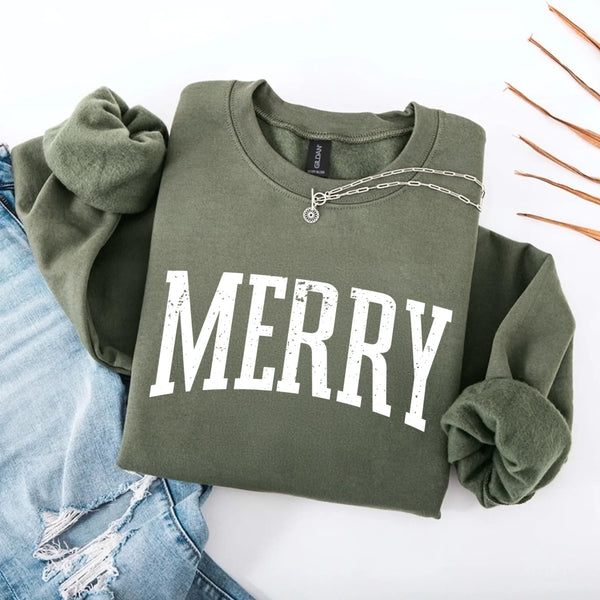 May include a women’s retro-style Christmas sweatshirt featuring a vintage “Merry ” print in festive colors on a soft crewneck pullover.