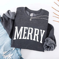 May include a women’s retro-style Christmas sweatshirt featuring a vintage “Merry ” print in festive colors on a soft crewneck pullover.