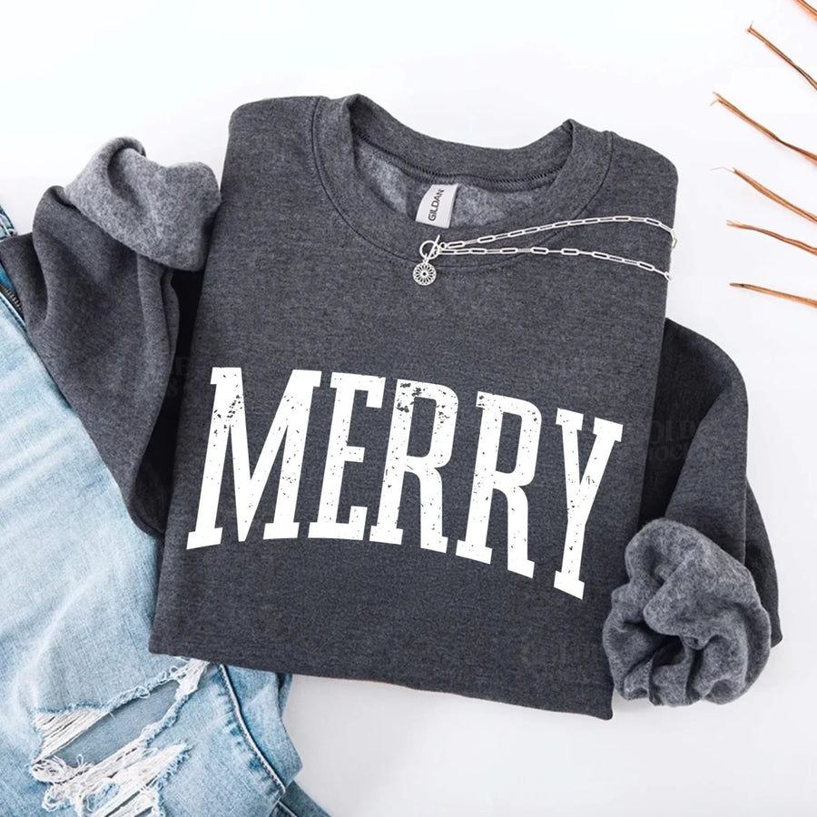 May include a women’s retro-style Christmas sweatshirt featuring a vintage “Merry ” print in festive colors on a soft crewneck pullover.