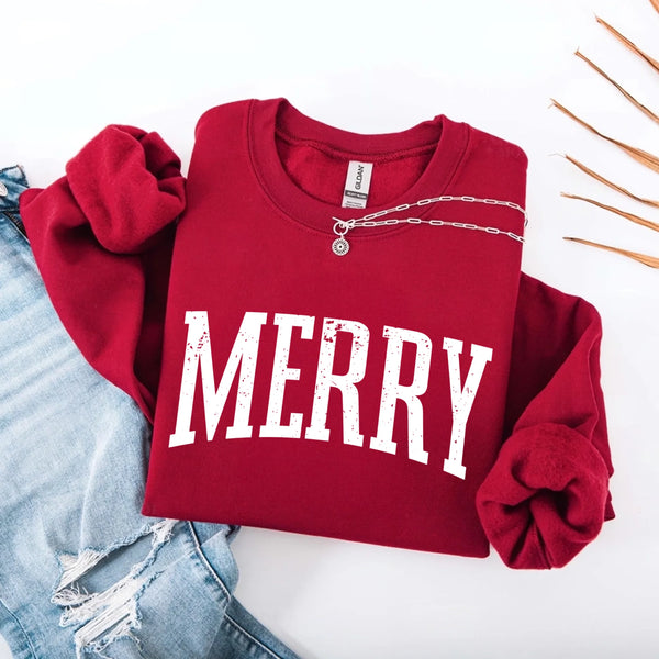 May include a women’s retro-style Christmas sweatshirt featuring a vintage “Merry ” print in festive colors on a soft crewneck pullover.