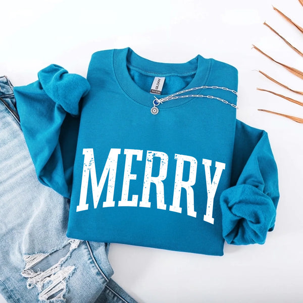 May include a women’s retro-style Christmas sweatshirt featuring a vintage “Merry ” print in festive colors on a soft crewneck pullover.