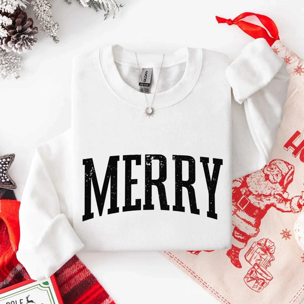 May include a women’s retro-style Christmas sweatshirt featuring a vintage “Merry ” print in festive colors on a soft crewneck pullover.
