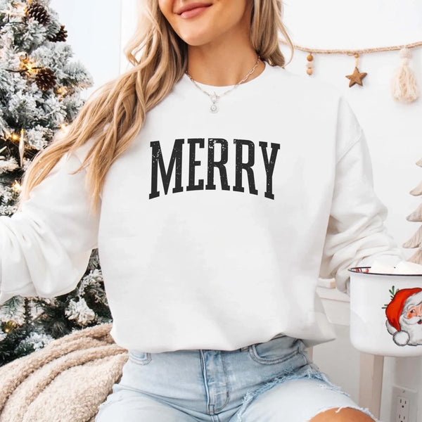May include a women’s retro-style Christmas sweatshirt featuring a vintage “Merry ” print in festive colors on a soft crewneck pullover.