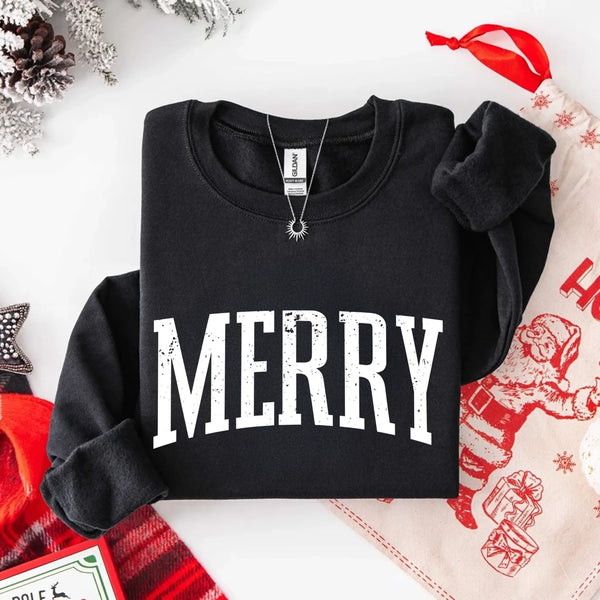 May include a women’s retro-style Christmas sweatshirt featuring a vintage “Merry ” print in festive colors on a soft crewneck pullover.