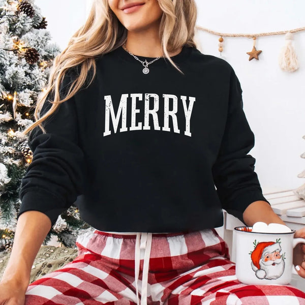 May include a women’s retro-style Christmas sweatshirt featuring a vintage “Merry ” print in festive colors on a soft crewneck pullover.