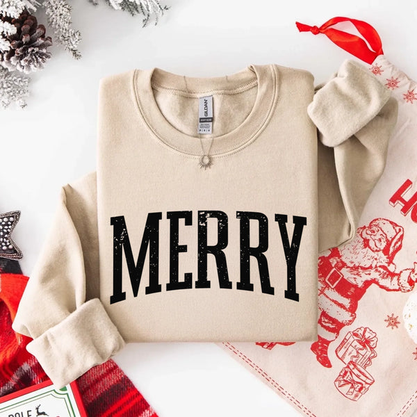 May include a women’s retro-style Christmas sweatshirt featuring a vintage “Merry ” print in festive colors on a soft crewneck pullover.