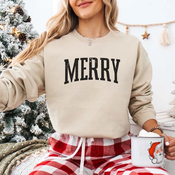 May include a women’s retro-style Christmas sweatshirt featuring a vintage “Merry ” print in festive colors on a soft crewneck pullover.