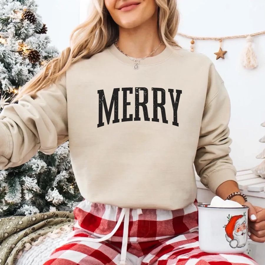 May include a women’s retro-style Christmas sweatshirt featuring a vintage “Merry ” print in festive colors on a soft crewneck pullover.