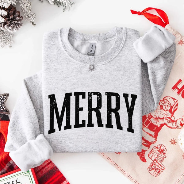 May include a women’s retro-style Christmas sweatshirt featuring a vintage “Merry ” print in festive colors on a soft crewneck pullover.