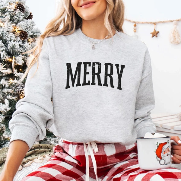 May include a women’s retro-style Christmas sweatshirt featuring a vintage “Merry ” print in festive colors on a soft crewneck pullover.
