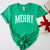 May include an image of the “Merry ” T-shirt featuring a vintage-inspired holiday print on a soft women’s cotton tee with a festive relaxed fit.
