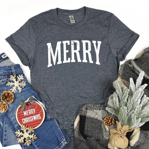 May include an image of the “Merry ” T-shirt featuring a vintage-inspired holiday print on a soft women’s cotton tee with a festive relaxed fit.