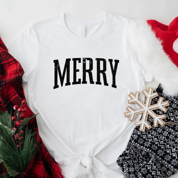 May include an image of the “Merry ” T-shirt featuring a vintage-inspired holiday print on a soft women’s cotton tee with a festive relaxed fit.