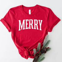 May include an image of the “Merry ” T-shirt featuring a vintage-inspired holiday print on a soft women’s cotton tee with a festive relaxed fit.