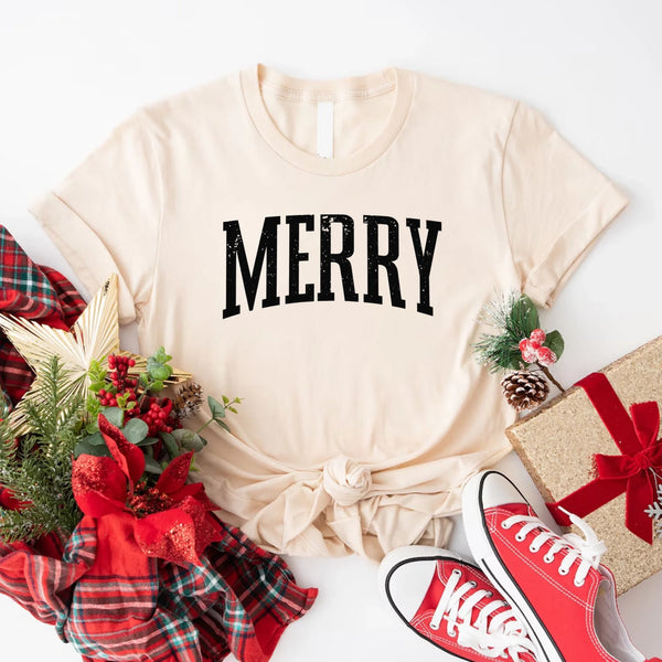 May include an image of the “Merry ” T-shirt featuring a vintage-inspired holiday print on a soft women’s cotton tee with a festive relaxed fit.