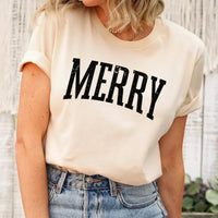 May include an image of the “Merry ” T-shirt featuring a vintage-inspired holiday print on a soft women’s cotton tee with a festive relaxed fit.