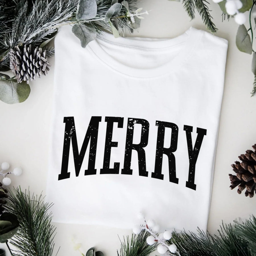 May include an image of the “Merry ” T-shirt featuring a vintage-inspired holiday print on a soft women’s cotton tee with a festive relaxed fit.