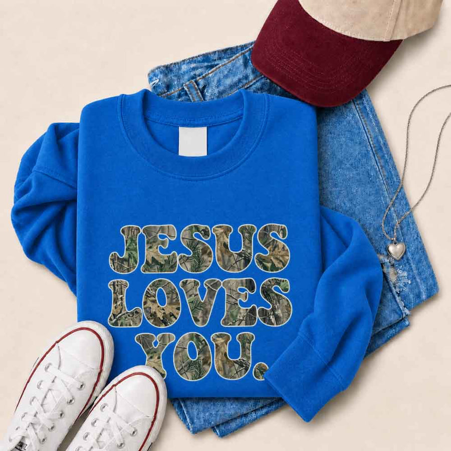 Jesus Loves You Camouflage Sweatshirt - Religious Message Sweatshirt