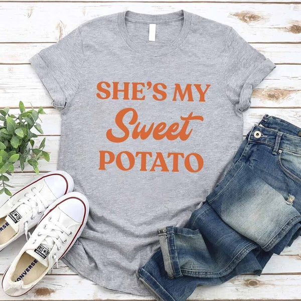 May include a My Sweet Potato T-Shirt with funny Thanksgiving-themed design, styled for fall and holiday gatherings.