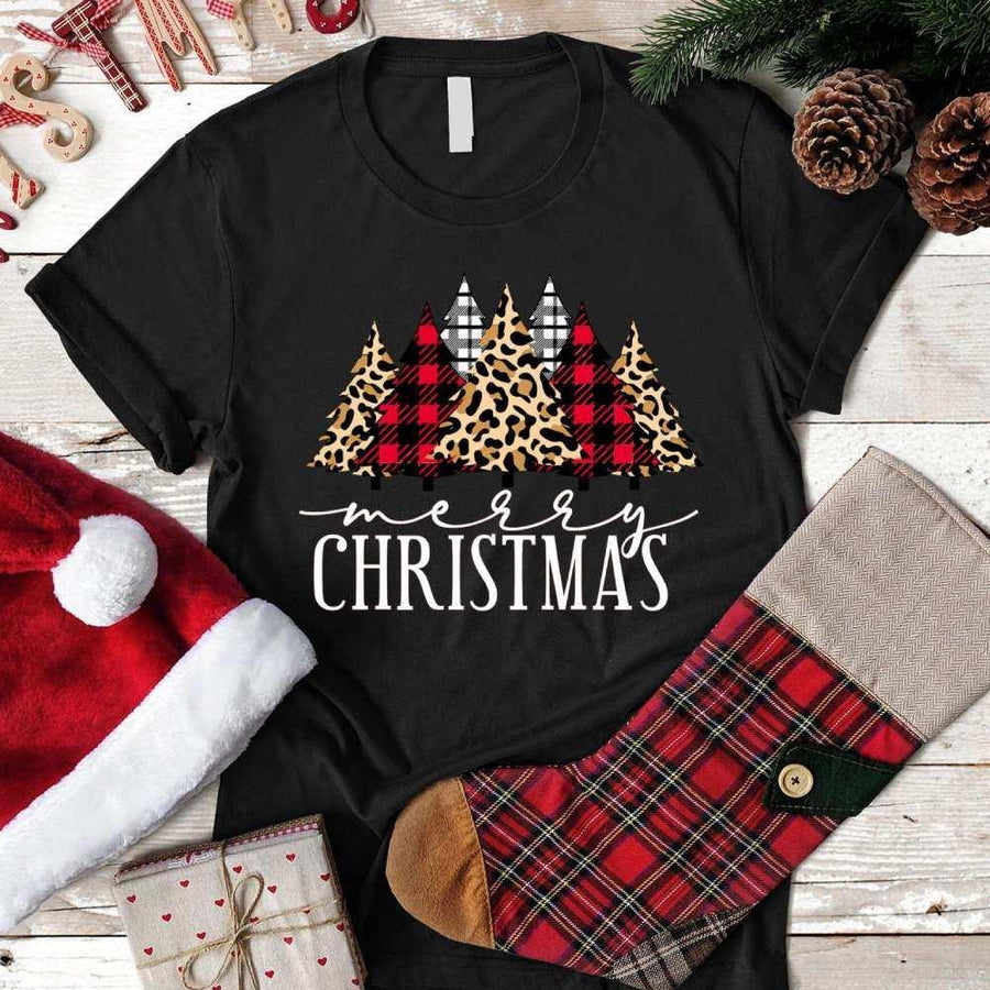 May include a “Merry Christmas” graphic t-shirt in black, green, or white, displayed on a flat lay or model.