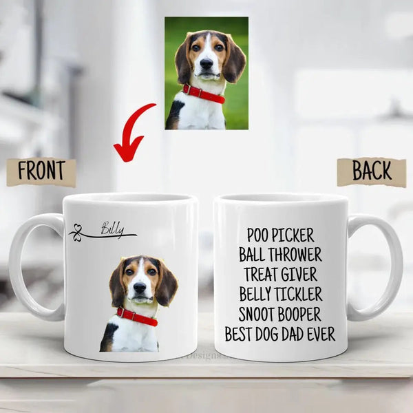 Mug with a dog photo on the front and humorous text on the back, placed on a white surface.
