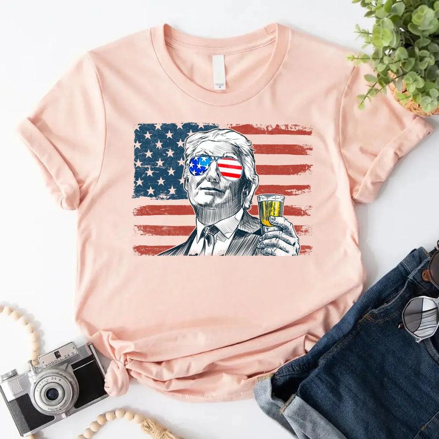 American flag T-shirt with illustrated man and drink
