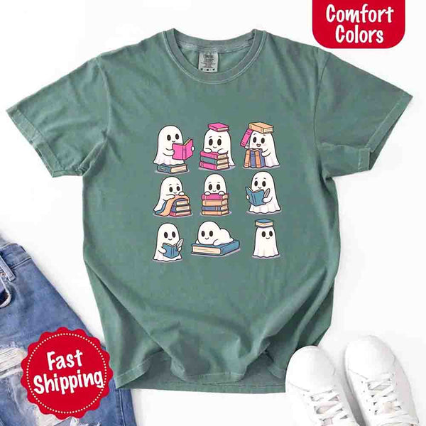 Ghost Reading Comfort Colors Shirt – Spooky Book Lover Halloween Tee