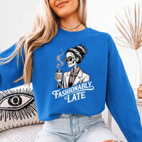 May include a unisex crewneck sweatshirt with “Fashionably Late” funny text graphic printed on the front.