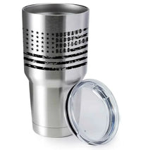 Stainless steel tumbler with black American flag design and text 'Husband Daddy Protector Hero'