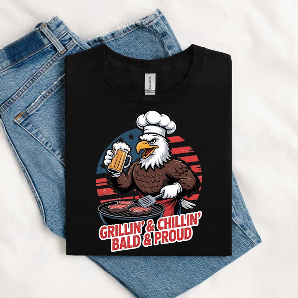 Black t-shirt with an eagle graphic and text on a white background