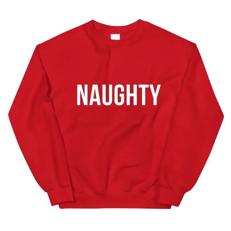 May include a pair of crewneck sweatshirts with the words ‘Naughty’ and ‘Nice’ printed, designed as matching Christmas couples pullovers.