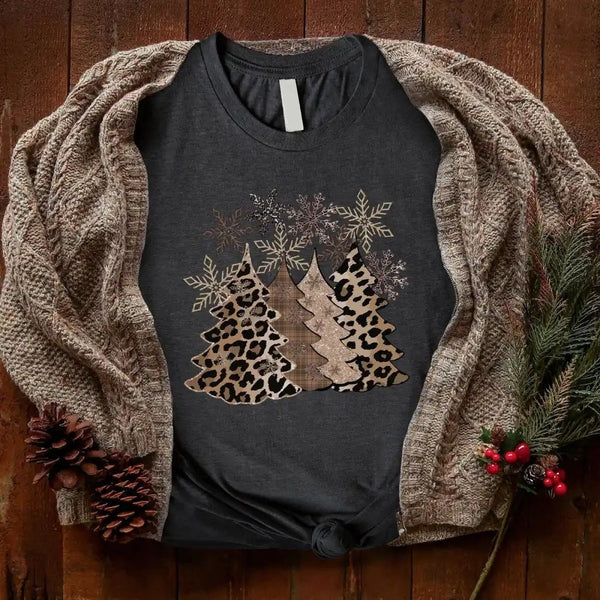 May include a Christmas-themed t-shirt featuring leopard print design elements, styled as a festive holiday tee for women.