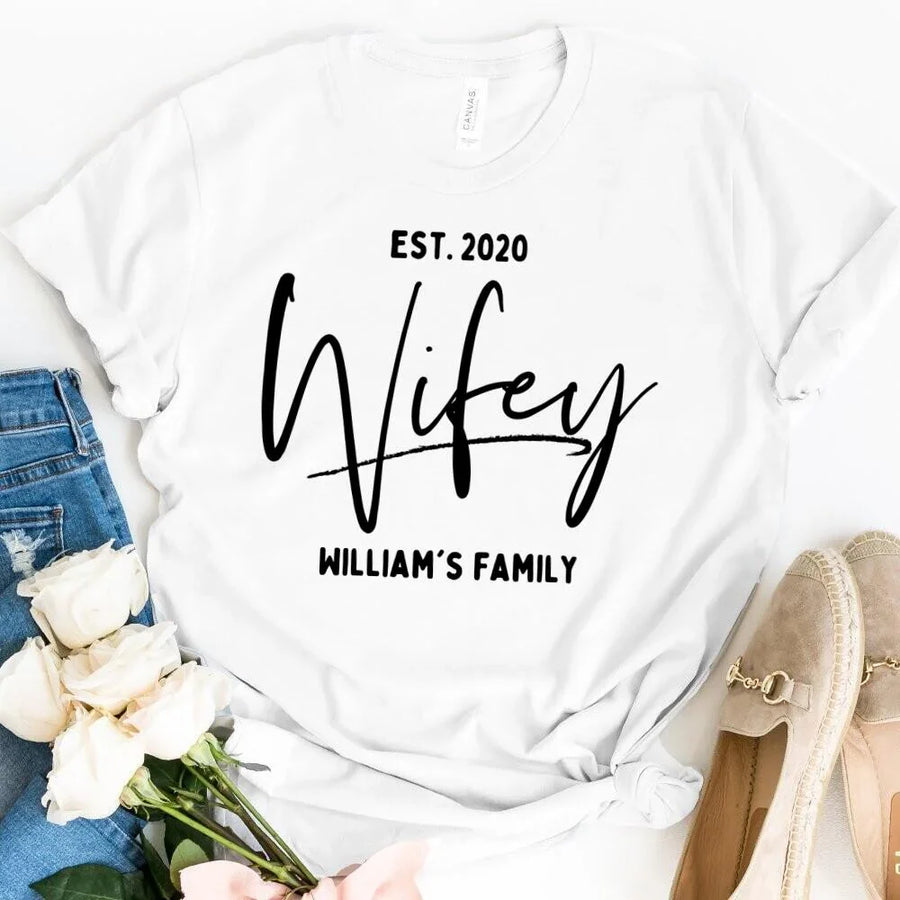 Custom Wifey & Hubby Matching Couple Shirts - Wedding Anniversary Gift with Established Date