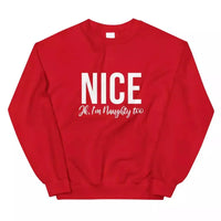 May include a pair of crewneck sweatshirts with the words ‘Naughty’ and ‘Nice’ printed, designed as matching Christmas couples pullovers.