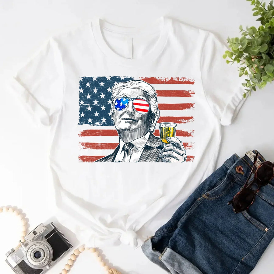 White t-shirt with a graphic design of a person holding a drink against an American flag background, placed on a white surface with denim shorts and sunglasses.