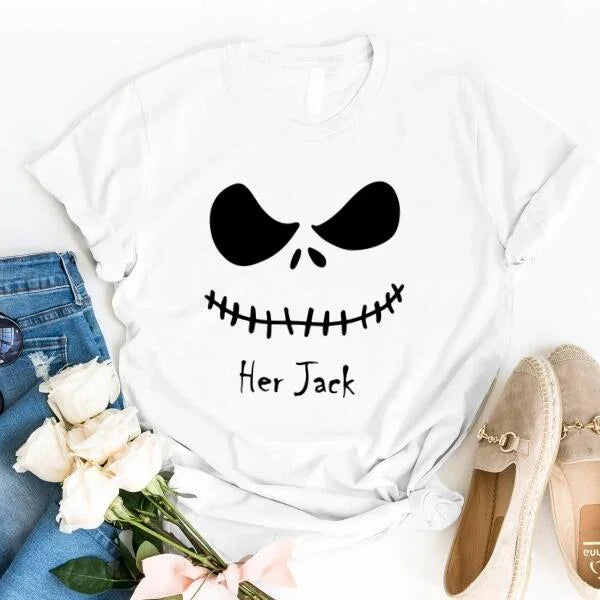 White t-shirt with 'Her Jack' design, paired with jeans, shoes, and flowers on a white background